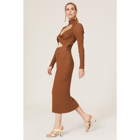Amur Guadalupe Ribbed Knit Cutout Long Sleeve Fall Midi Dress Brown Size Medium - Picture 10 of 11